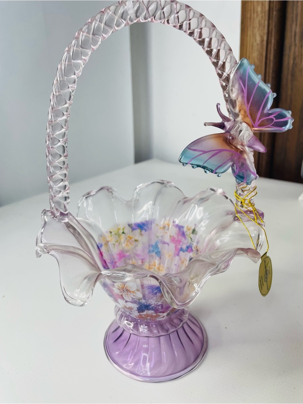The Bradford Exchange Hand Blown Glass Basket with Multicolor Butterfly Accent